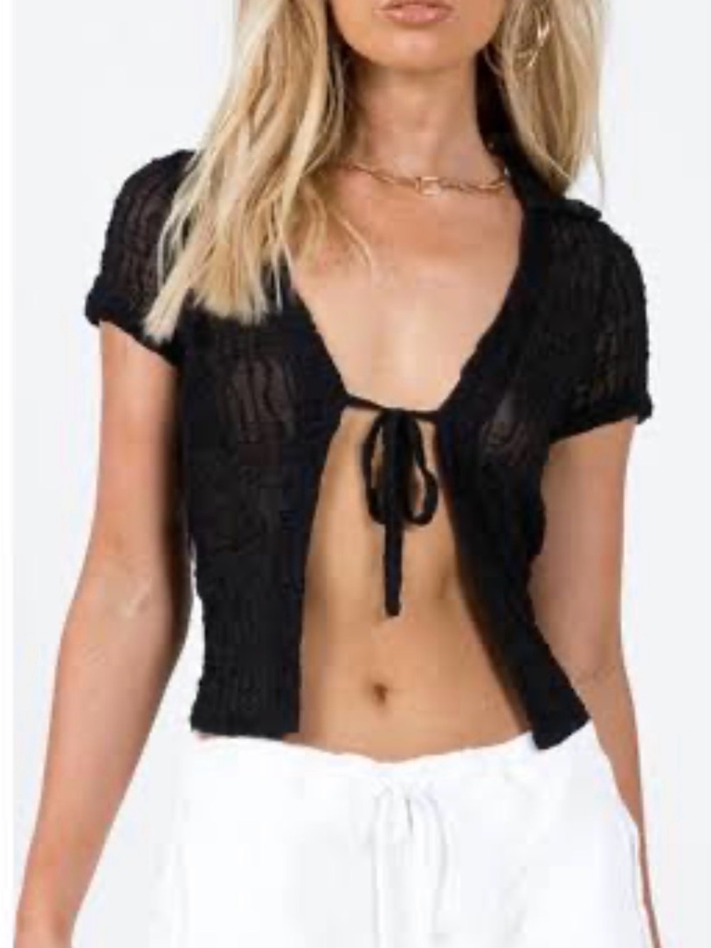 Princess Polly Black Crinkled Short Sleeve Sheer Blouse - Picture 2 of 4